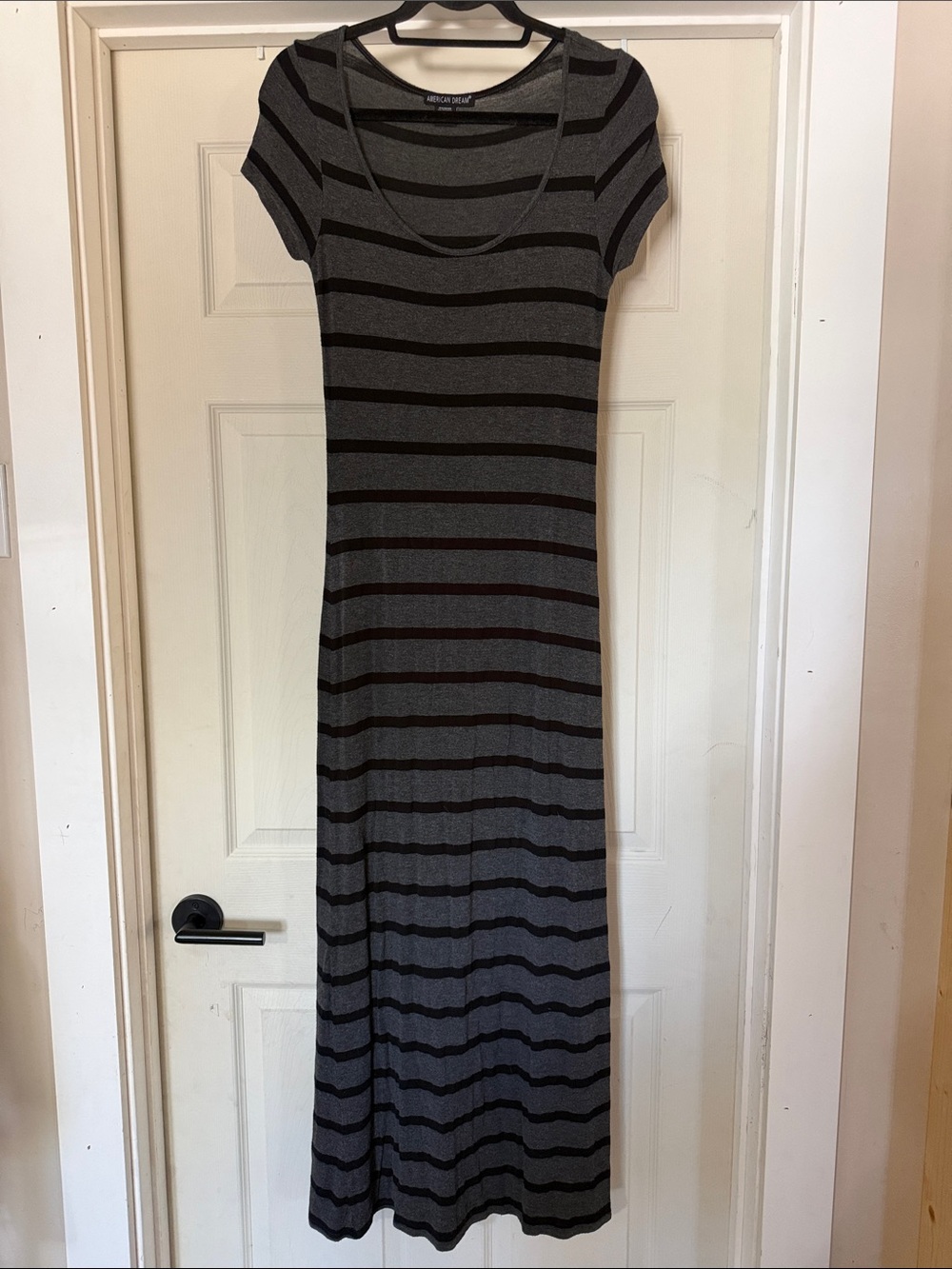 American Dream Gray Black Striped Jersey‎ Knit Maxi Scoop Neck Dress Size Small
